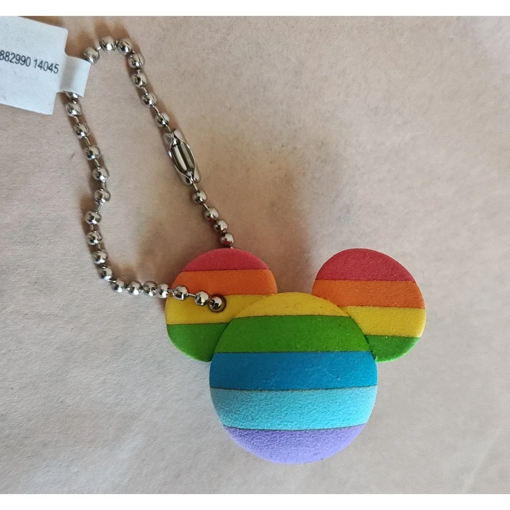Disney Keychain Rainbow Mickey Mouse Head Foam Squishy Striped Charm